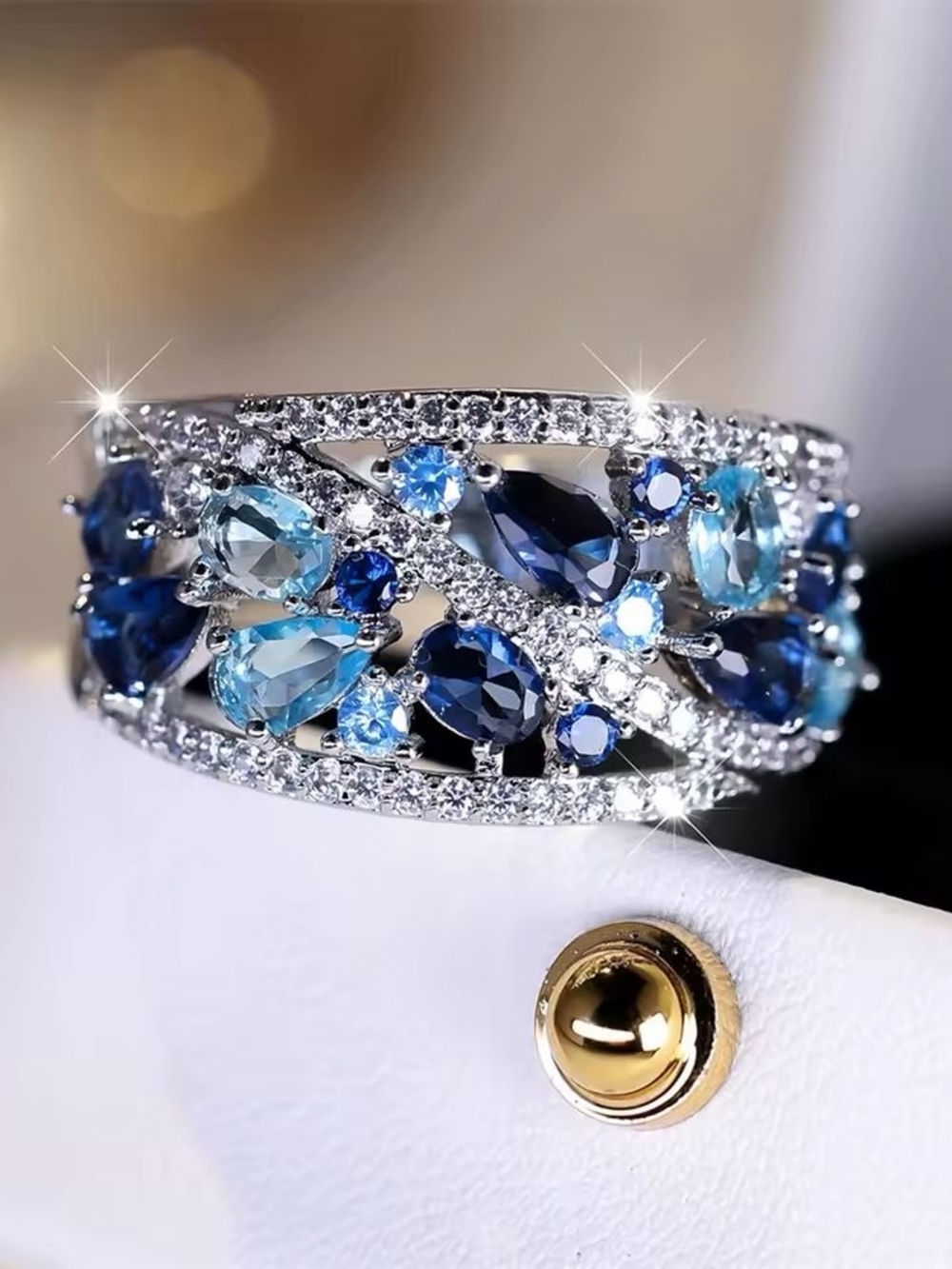 Silver color Ring with Mixed Blue Gemstones - Women Jewelry - Picture 5 of 5